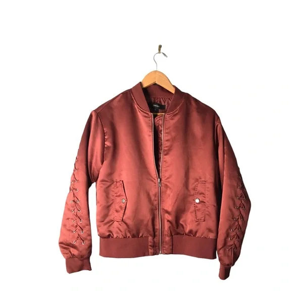 Forever 21 | Maroon satin bomber jacket lace up sleeves and back statement coat - Picture 8 of 11